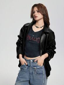 Sparklyn 少女朋克风格翻领拉链 PU 皮夹克，秋冬流行款 - 黑色 - 查看 5