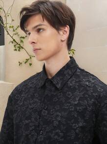 Manfinity Dauomo Áo sơ mi nam dài tay rộng rãi cài nút họa tiết hoa jacquard, mùa thu - màu đen - Xem 5