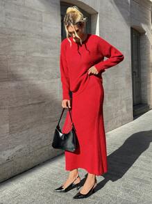 EURMUSE 女士秋冬套装：纯色落肩长袖毛衣、针织中裙和围巾、休闲装 - 紅色 - 查看 9