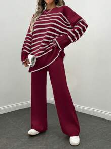 EURMUSE 2pcs/Set Women Casual Daily Wear Round Neck Contrast Stripe Drop Shoulder Sweater And Pants - Burgundy - View 3
