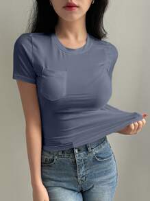 DAZY 女士休闲纯色短袖 T 恤 - 霧霾藍 - 查看 4