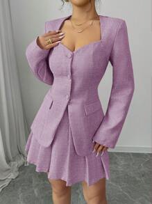 Gloray Women V-Neck Pink Fitted Blazer + Short Pleated Skirt Suit, Autumn Set