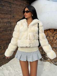 SHEIN EZwear White Fluffy Short Casual Hooded Jacket For Women