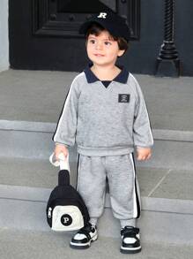 SHEIN 2pcs Baby Boys Color Block Collar Long Sleeve Top And Ribbed Cuff Pants Set - Grey - View 3