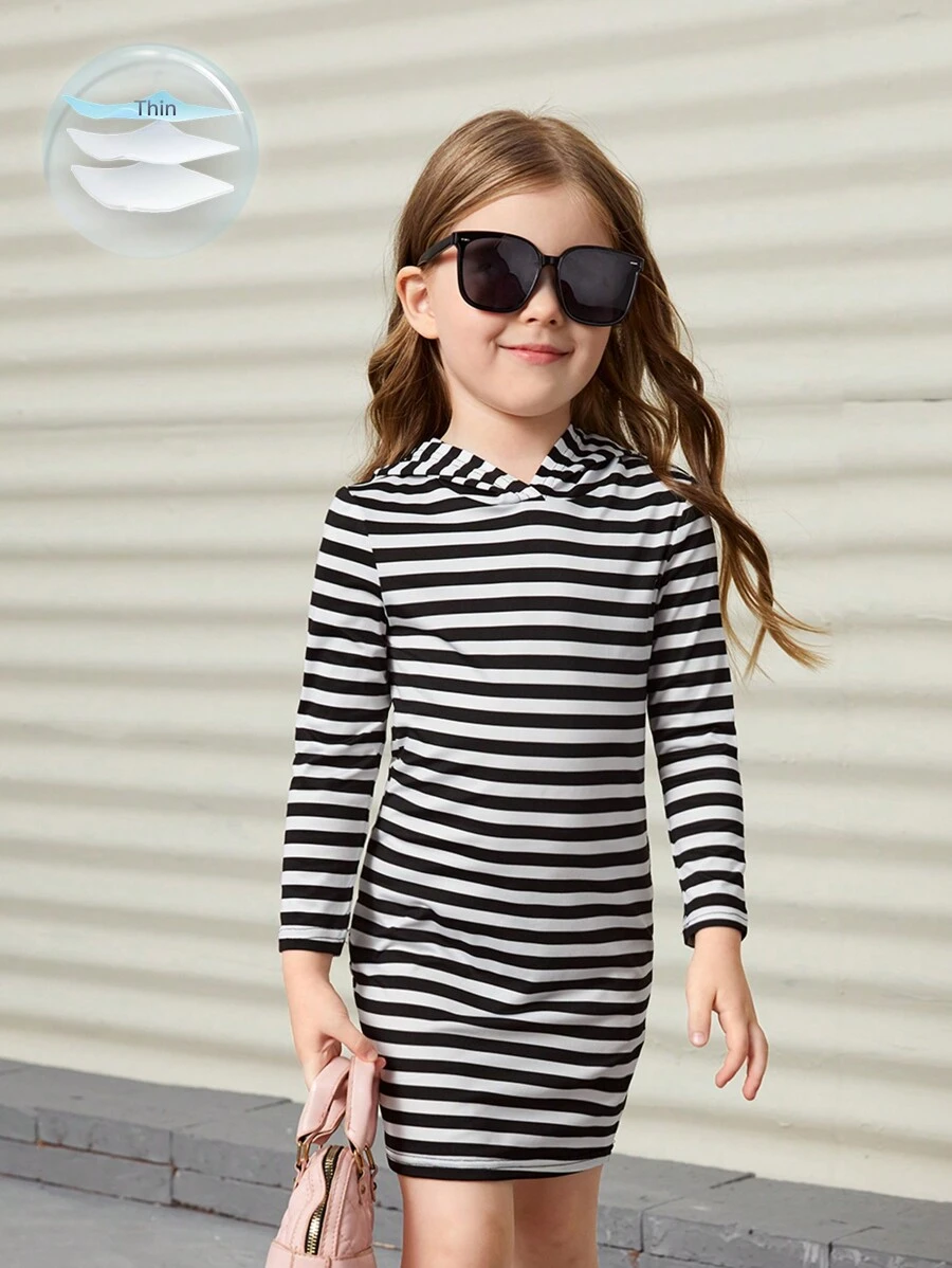 SHEIN Young Girl Casual Versatile Soft Knit Black & White Striped Hooded Straight Fitted Dress