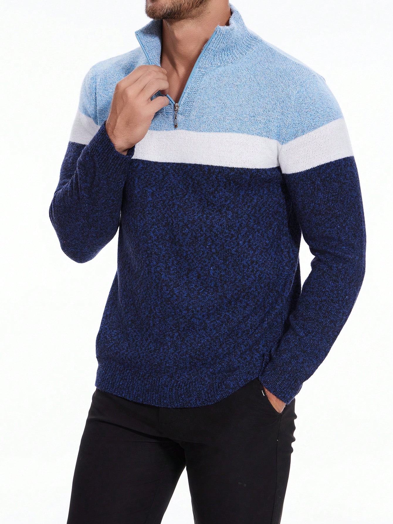 Manfinity Dauomo Men Autumn/Winter Color Block Half Placket Long Sleeve Casual Knit Sweater