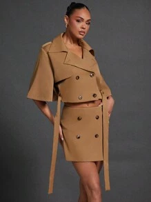 Hauture Women's Solid Color Double Breasted Belted Casual Lightweight Jacket - Khaki - View 4