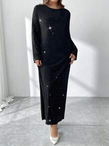 SHEIN Privé 大码优雅休闲简约褶皱纹理面料圆领宽松直筒长袖喇叭闪光黑色连衣裙，适合派对、节日、新年、办公室、亮片 - 黑色 - 查看 5