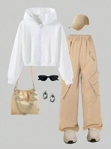 SHEIN Bộ 2 chiếc áo hoodie trắng cho bé gái tuổi teen và quần kaki thường ngày, trang phục xuân/thu - Màu Khaki - Xem 1