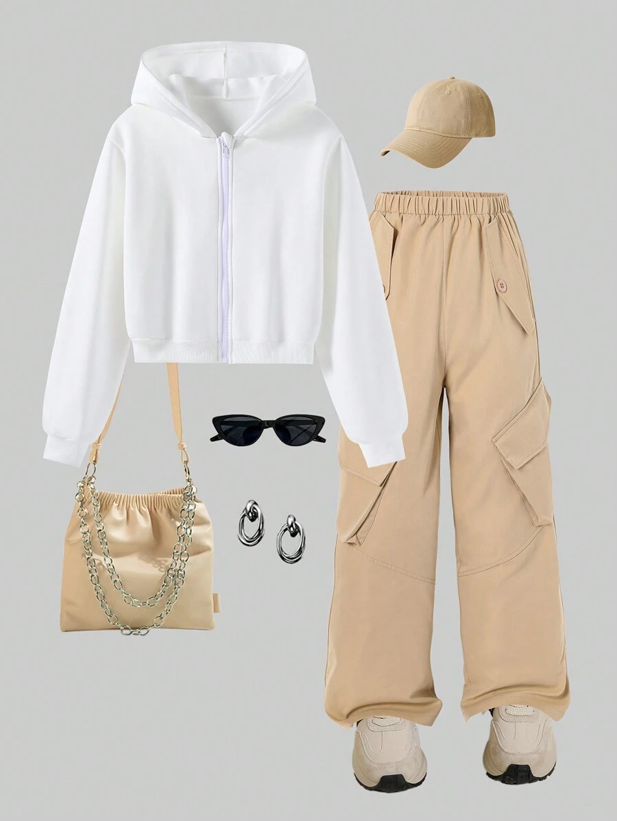 SHEIN Bộ 2 chiếc áo hoodie trắng cho bé gái tuổi teen và quần kaki thường ngày, trang phục xuân/thu - Màu Khaki - Xem 1