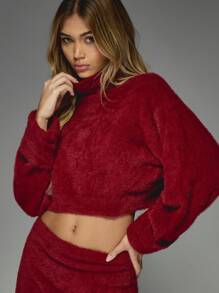 MISSGUIDED 奢华蓬松羊毛两件套高领短款卫衣迷你裙套装，冬季居家休闲舒适柔软圣诞套装 - 酒紅色 - 查看 3