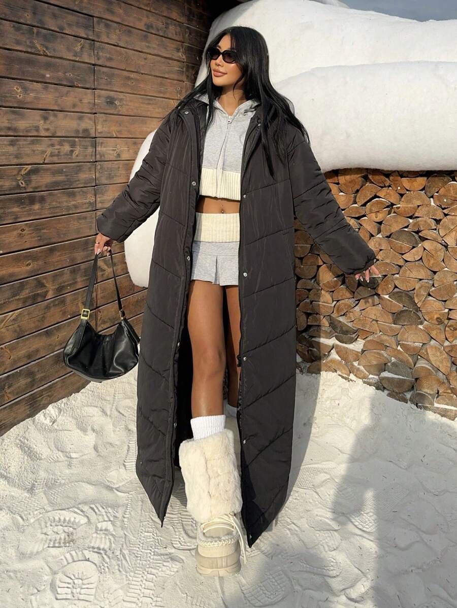 Muchica 女士厚实保暖冬季新款黑色长款可拆卸蓬松连帽羽绒服