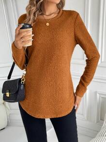 EMERY ROSE Solid Round Neck Teddy Sweatshirt In Fall/Winter - Brown - View 5