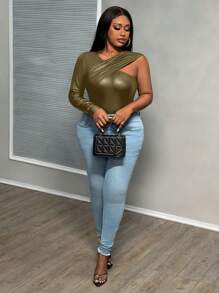 Slaydiva Áo bó vai xếp ly PU gợi cảm & thanh lịch cỡ lớn cho nữ, mùa đông - xanh quân đội - Xem 5