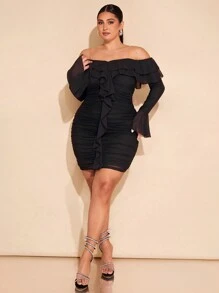 SHEIN BAE Plus Size Women Solid Color Off Shoulder Ruffled Flared Sleeve Fitted Elegant Dress - Black - View 7