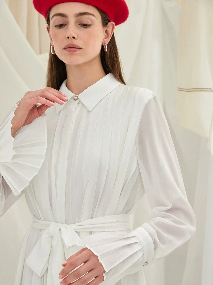 New  Winter Products,Women Lapel Pleats  Long Sleeve Waist Strap Elegant Dress,Winter Women Dress,Christmas Women Clothes,Party Women Dresses,New Years Dress,White Dress