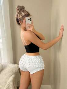 Sweetina Shorts mini de cintura baja de unicolor de múltiples capas, empalme de encaje de múltiples capas con estilo Y2K