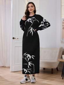 Mulvari Váy len cổ tròn in họa tiết tre màu tương phản dành cho nữ - Đen và trắng - Xem 6