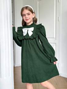 SHEIN Leap Crew Tween Girl Woven Lace Embroidery Square Collar Lantern Sleeve Long Sleeve Fitted Elegant Casual Dress, Thanksgiving,Casual Outing - Orange - View 2