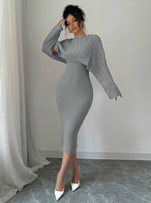 Elenzga 2pcs/Set New Arrival Twist Flower Round Neck Sweater Top And Bodycon Dress Knit Set For Women Fall Cloth For Women - Grey - View 4