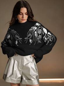 Anewsta Jersey holgado de punto con bordados florales y decoración de lentejuelas para mujeres en otoño/invierno