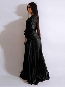 女士夏季长袖深V领褶皱连衣裙 春季优雅黑色 - 黑色 - 查看 6