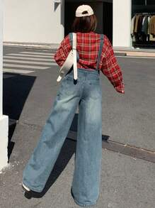 DAZY Women's Casual Denim Bib Pants, Minimalist Fashion, Everyday Wear - Medium Wash - View 5