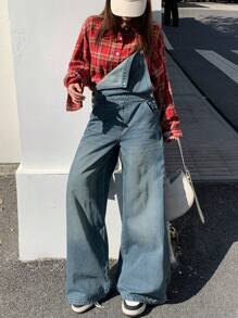 DAZY Women's Casual Denim Bib Pants, Minimalist Fashion, Everyday Wear - Medium Wash - View 7