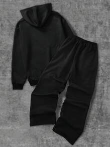 2pcs/Set Teenagers Boys Raceway Style Letter Print Casual Patchwork Hooded Sweatshirt And Sweatpants Suit - Black - View 2