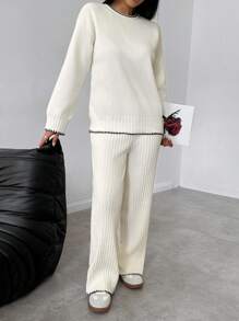 Chiquease 2 件套女士休闲罗纹撞色毛衣套装，舒适室内家居服 - 彩色 - 查看 4