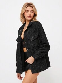 SHEIN EZwear Áo khoác hoodie midi rộng rãi màu đen trơn đơn giản dành cho nữ, phù hợp cho mùa thu và đông - màu đen - Xem 5