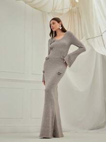 Enchnt Women's Elegant Solid Color 3D Floral Decoration Trumpet Sleeve Maxi Sweater Dress, Christmas Sweater, Party Dress, Thanksgiving Women's Dress, Christmas Dress, Autumn And Winter Women's Dress, Church Dress - Grey - View 6