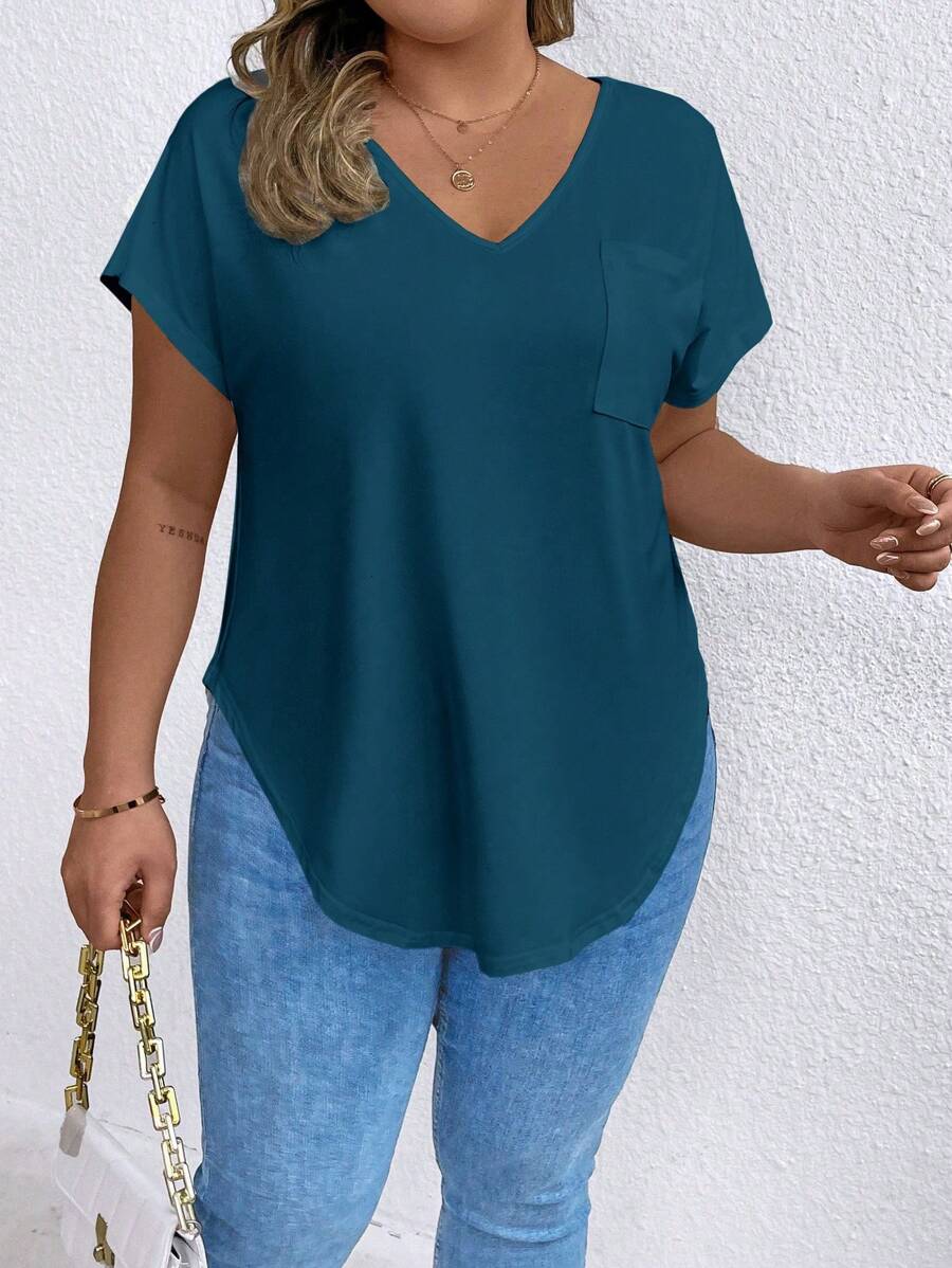 EMERY ROSE Plus Size Solid V-Neck Asymmetric Hem Short Sleeve T-Shirt - Teal Blue - View 1