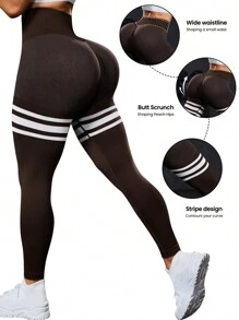 Easithlete 女性條紋運動縫合無縫高腰緊身褲 - 彩色 - 查看 1