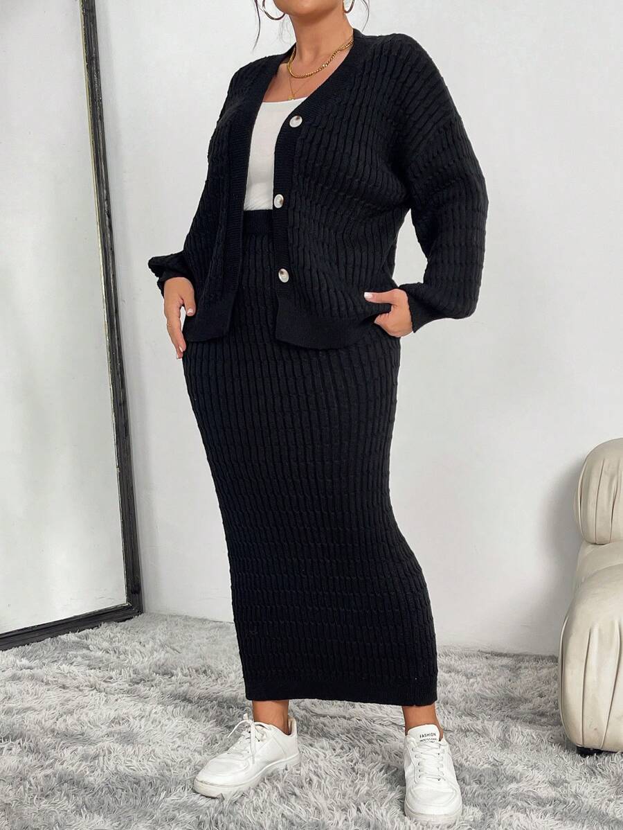 Calvaya Plus Size Casual Solid Color Drop Shoulder Loose Cardigan And Skirt Set, Versatile, For Winter - Black - View 1