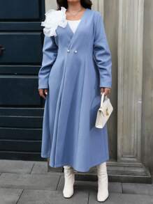 SHEIN Unity Plus Size Women Solid Color Woven V-Neck Buttoned Cinched Waist Flared Hem Floral Decor Regular Work Dress, For Winter Fall Cloth For Women