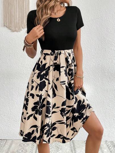 SHEIN Clasi Women Floral Print Contrast Color Belt Flare Hem Midi Dress, Summer
