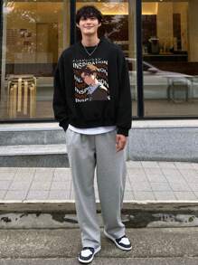 DAZY 男士字母与人物图案圆领落肩长袖休闲运动衫，适合秋季 - 黑色 - 查看 6