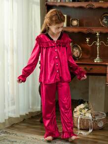 Girls Velvet Solid Color With Lace Trim Long Pants & Long Sleeve Casual Comfortable 2 Pieces Pajama Set