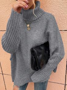 SHEIN PETITE 女士纯色高领蝙蝠袖休闲毛衣，适合秋冬季 - 灰色 - 查看 6
