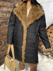 SHEIN EZwear معطف قصير متوسط السمك مزود بياقة من فرو اصطناعي أسود، تصميم جديد للشتاء - الأسود - مشاهدة 3