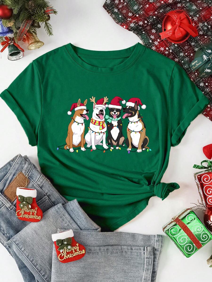 INAWLY Áo thun tay ngắn cổ tròn in hình ông già Noel hình chó Giáng sinh, áo thun họa tiết cho nữ - Màu xanh lá cây đậm - Xem 1