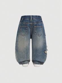 SHEIN Toddler/Baby Boys Casual Cute Vintage Star Design Fringed Ripped Loose Fit Blue Jeans,For Toddler Fall/Winter Outdoor Wear And Daily Wear Outfits - Light Wash - View 3