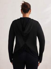 SHEIN Sport Studio Plus Size Hoodie Sweatshirts With Fleece Leopard Print And Mesh Splice Back Design, Long Sleeve