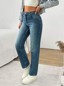 SHEIN Cottnline WOMEN STRAIGHT MID WAIST JEANS - Medium Wash - View 4