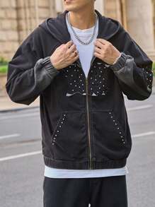 Claim Dot Áo khoác denim được giặt thông thường dành cho nam giới có miếng vá chữ và áo hoodie - màu đen - Xem 6