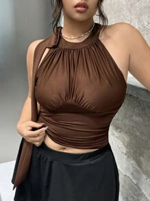 SHEIN ICON Plus Size Casual Solid Ruched Halter Top For Summer - Brown - View 1