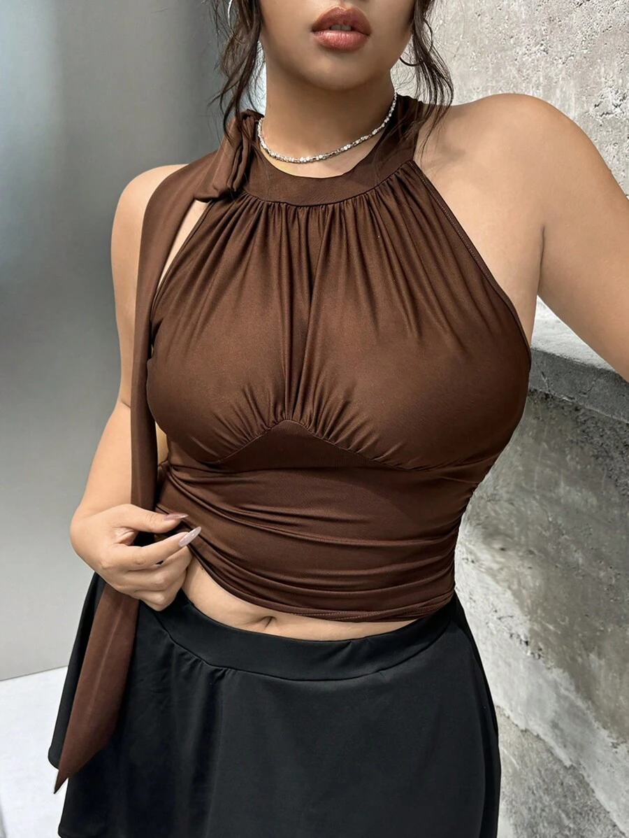 SHEIN ICON Plus Size Casual Solid Ruched Halter Top For Summer - Brown - View 1