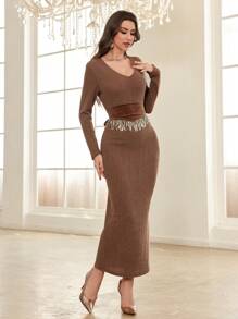 Modelyn 紧身性感长袖流苏拼接紧身连衣裙女式超长女士装长款晚礼服 - 咖啡 - 查看 3