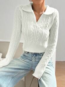 SHEIN Unity Women Solid Color Long Sleeve V-Collar Casual Pullover Sweater, Autumn/Winter Knit Pullover Fall - White - View 6